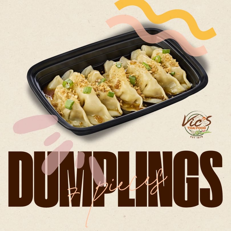 Vic's Thai Food dumplings in a black container, garnished with green onions and crushed peanuts.