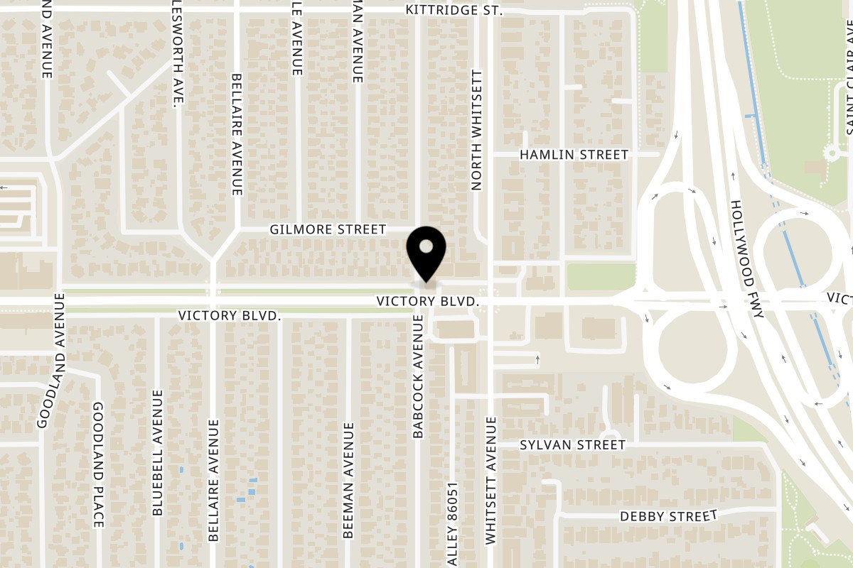 Map showing the location of Vic’s Thai Food on 12527 Victory Blvd in Valley Glen